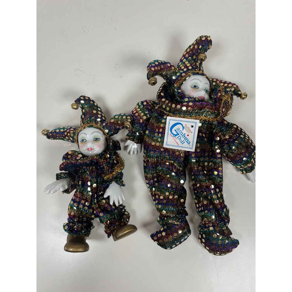 Set of 2 Gamina Porcelain dolls jesters Mardi Gras Poseable